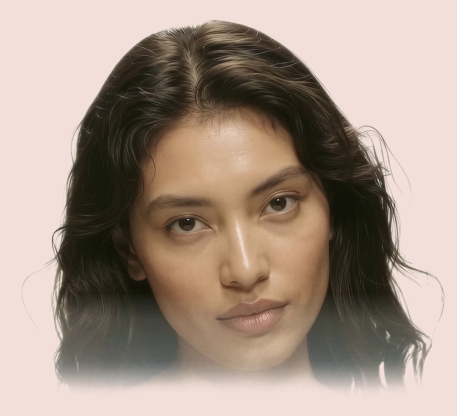HUD's site: a woman with dark wavy hair and freckles looks into the camera, on blush pink