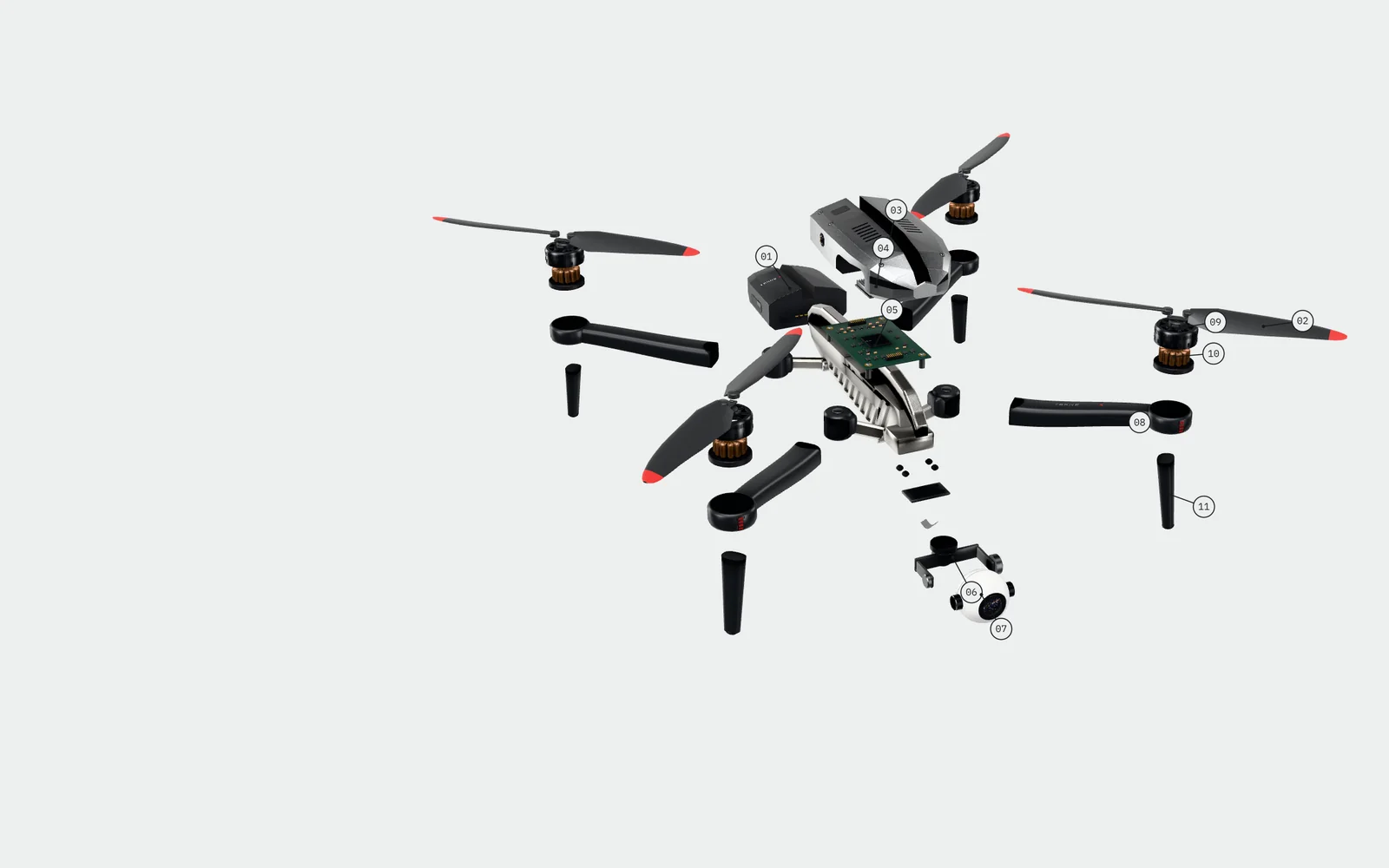 The Terne X camera drone taken apart into its numbered parts, each pulled out along the line it fits on.