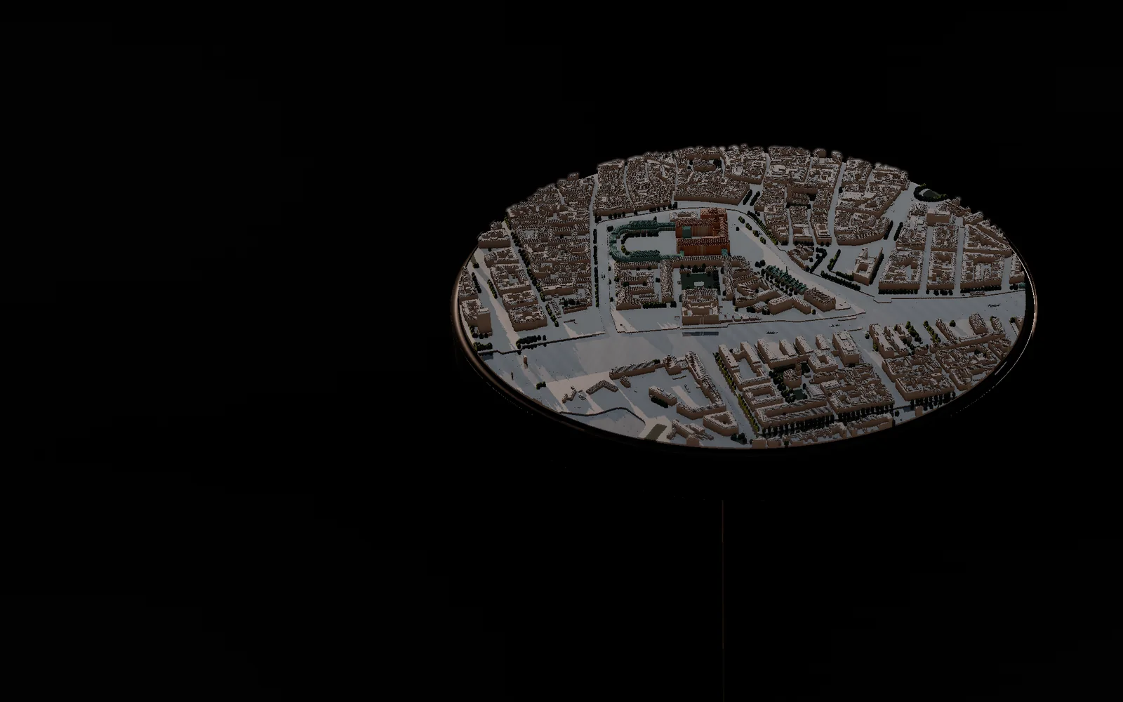 Copenhagen's inner harbour as a round table of steel pins in a polished ring, lit low by the sun.