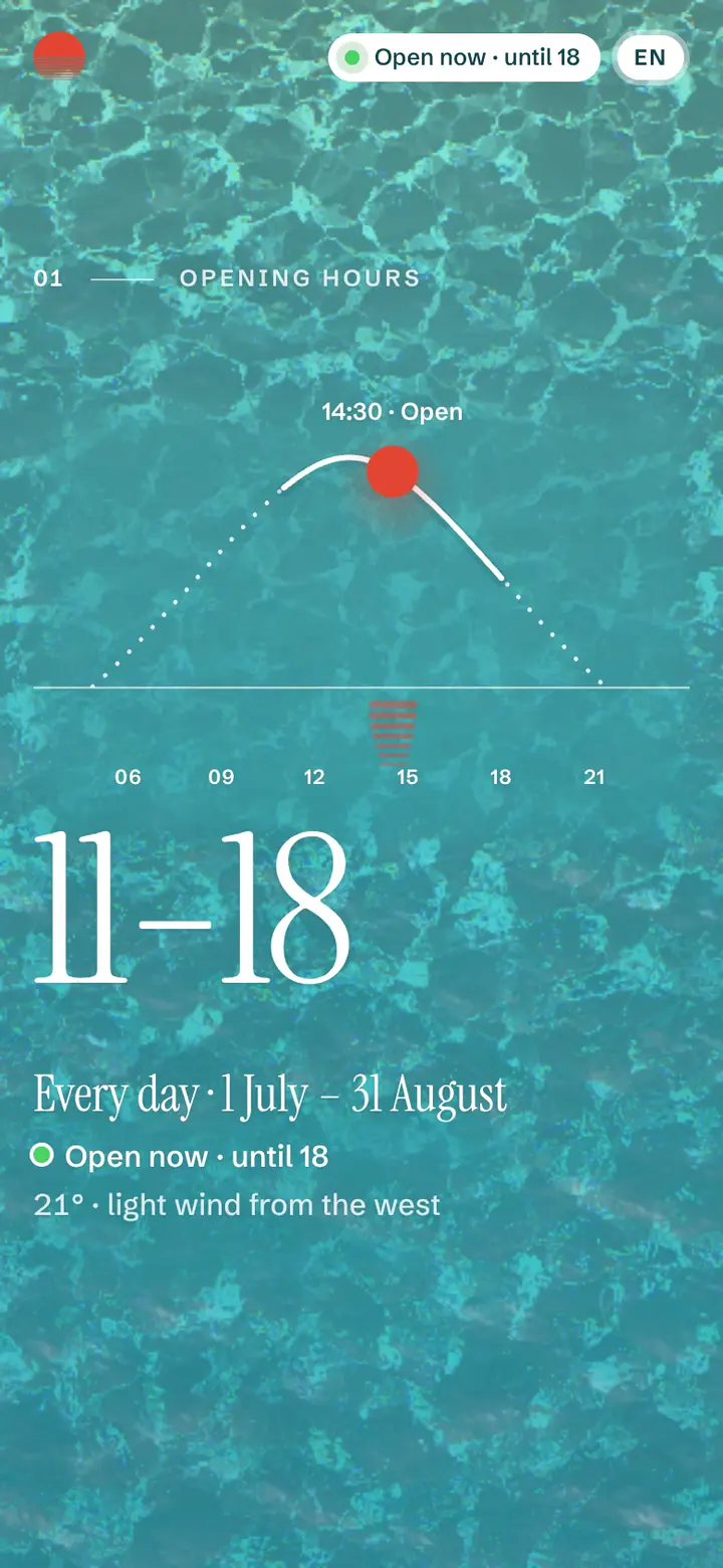Opening hours 11–18 on deep blue water, with the season and today's weather.
