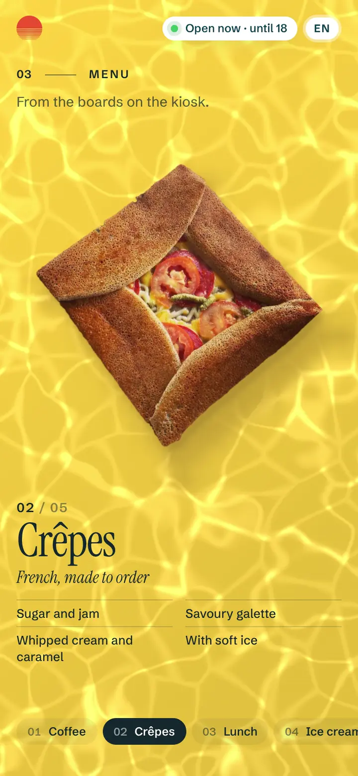 The menu's crêpes course: a galette on yellow water, with its fillings listed below.