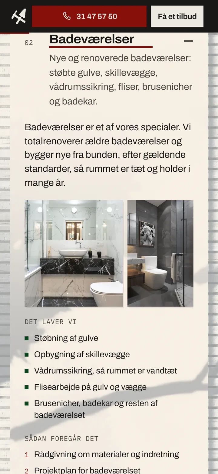 The services on a phone, bathrooms open: their lead, two stock photos of bathrooms and what the job covers.