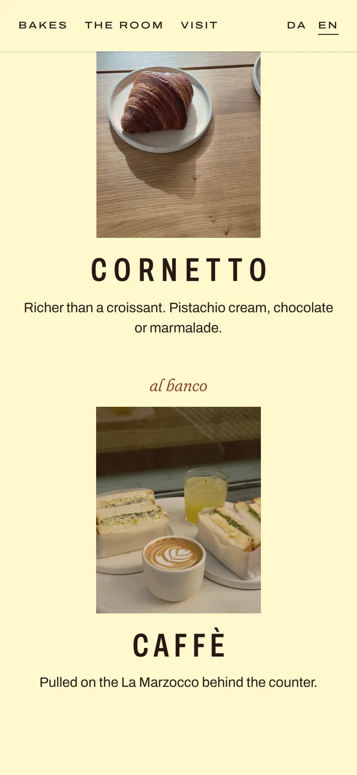 The cast list on butter: a cornetto on a plate over CORNETTO in wide caps, then al banco and a coffee with sandwiches.