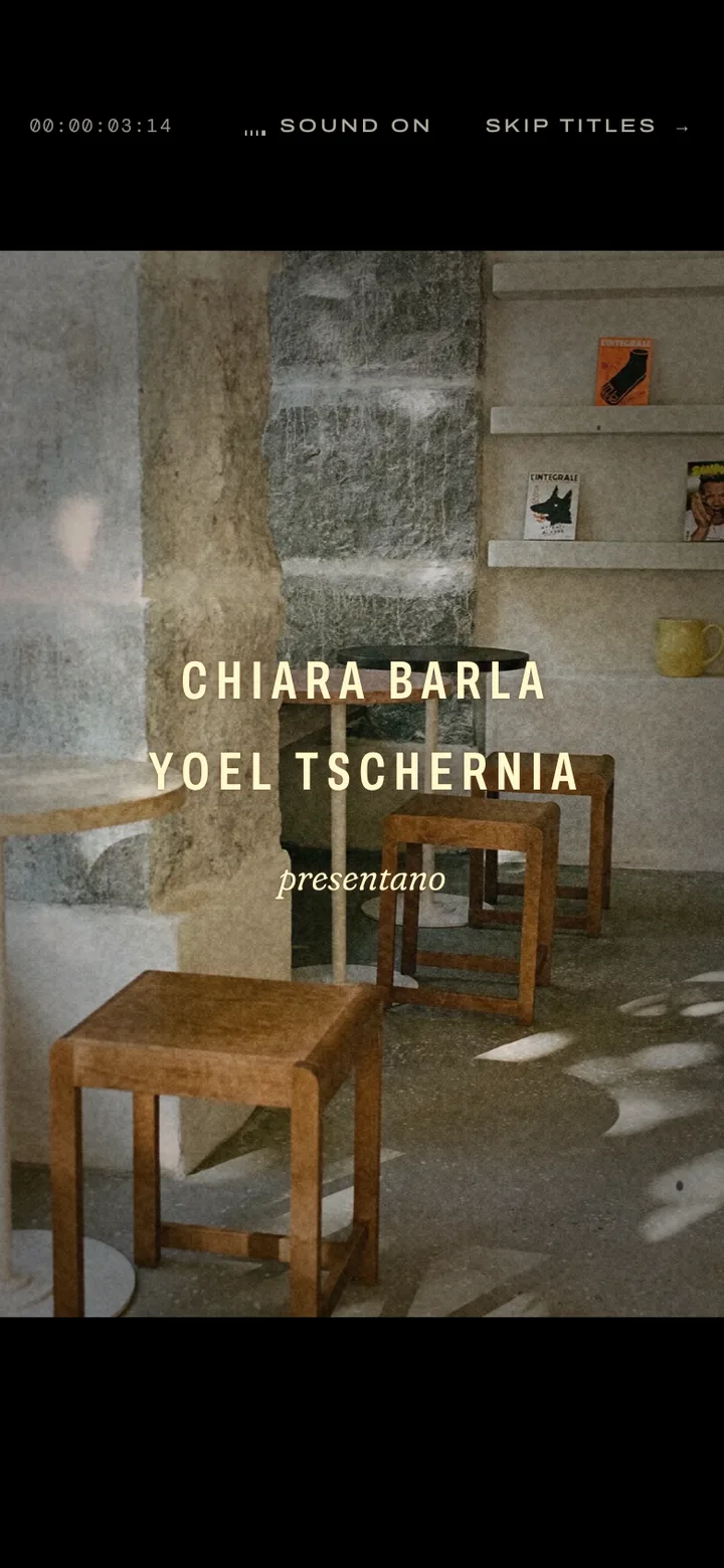 The bakery's site on a phone: CHIARA BARLA and YOEL TSCHERNIA in wide caps, presentano under them, over FRAMA's photograph of the room's stools, framed like an old film.