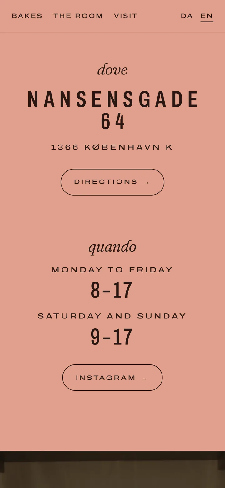 Dove on salmon: NANSENSGADE 64 in wide caps, 1366 København K, a Directions button and the hours.
