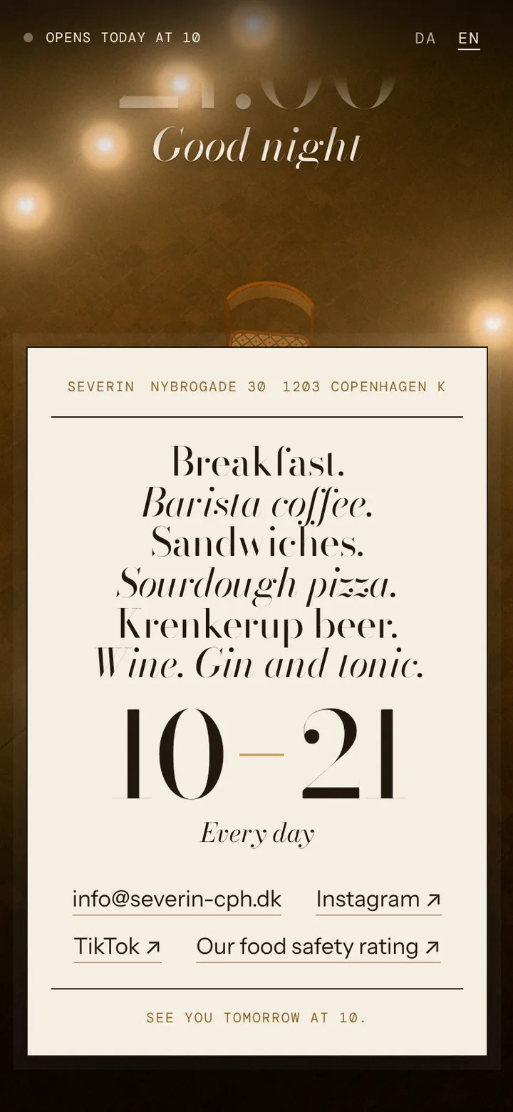 The closing card: what they serve, open 10–21 every day, email and links.