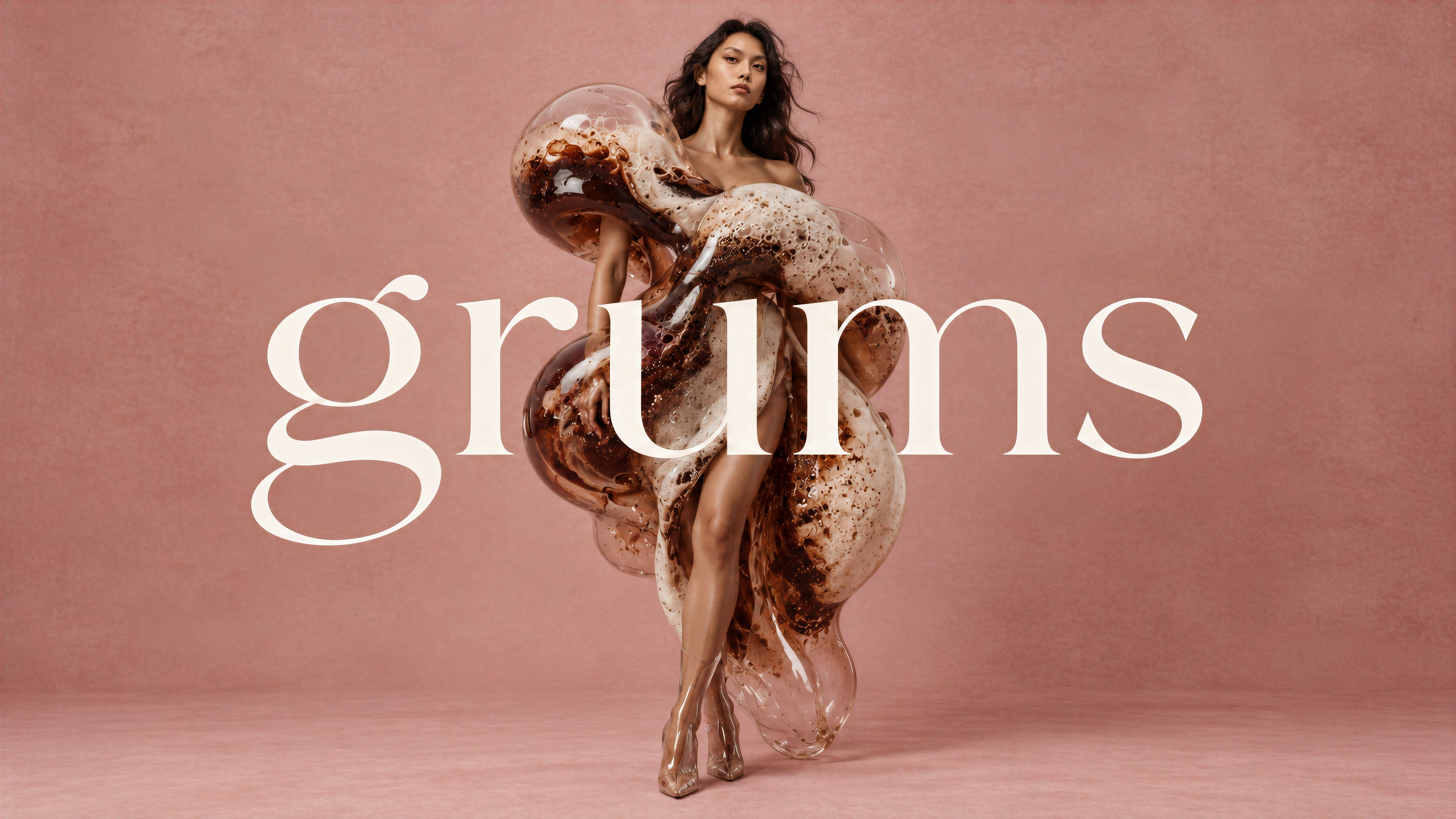 Grums couture study: the supplied portrait face on a model wearing a translucent sediment and foam dress against pink