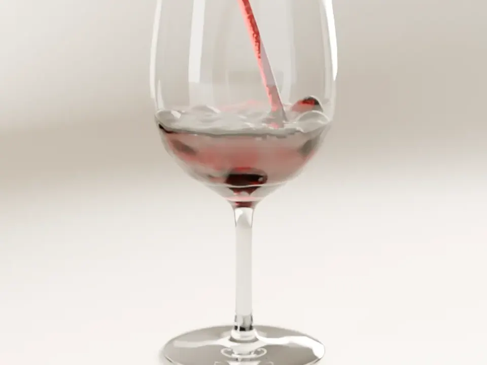 A Blender render of red wine pouring into a glass on a pale ground.