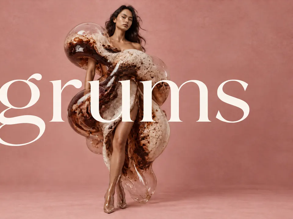 The first couture image: a model in a gown of glass and foam in front of the old wordmark, softer than the final.