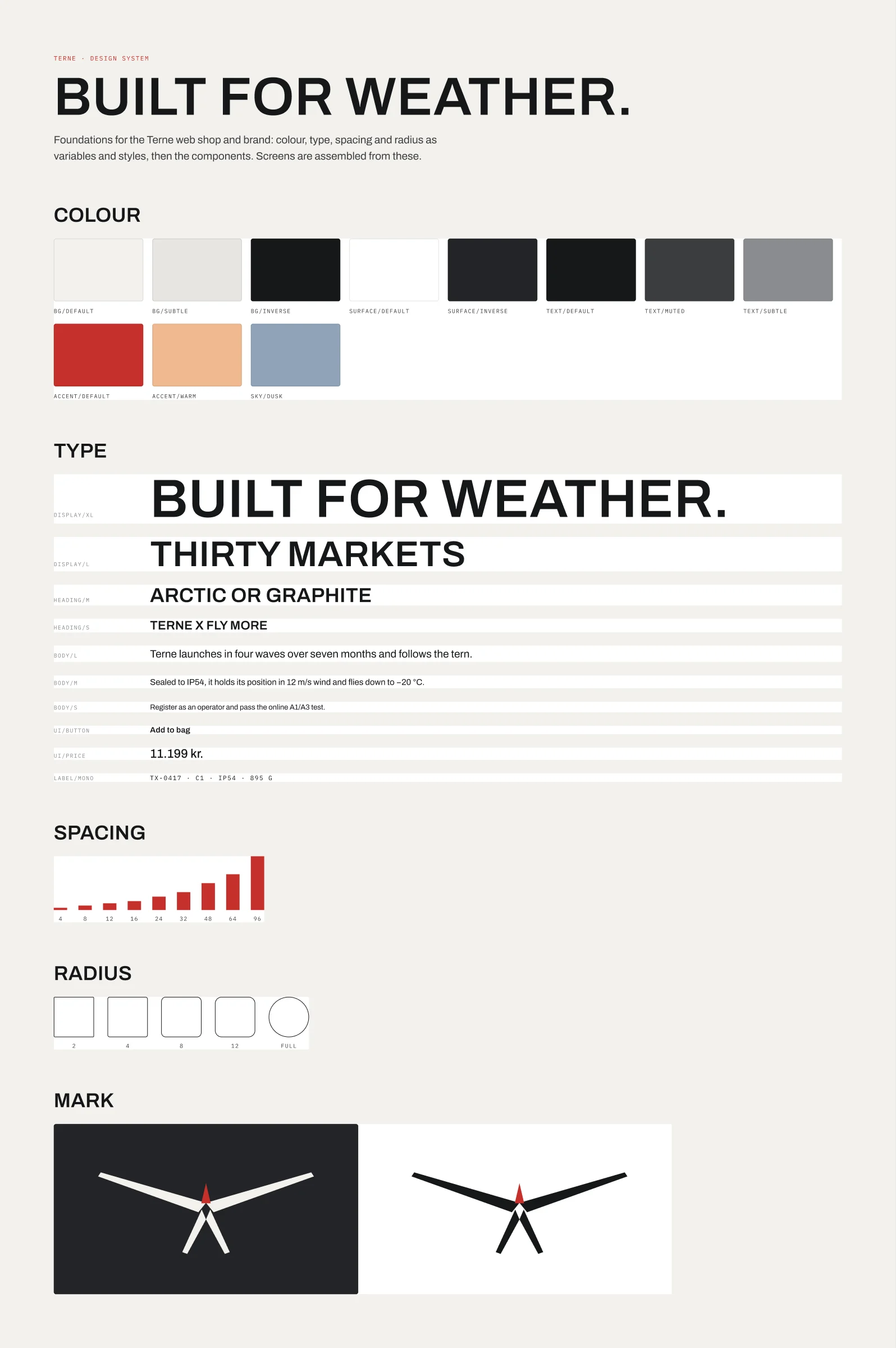The Terne design system in Figma: colour tokens, type styles, spacing and radius scales, and the mark.