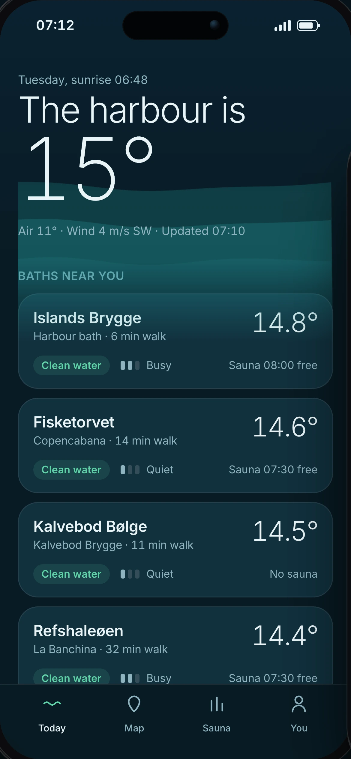 The first direction: Tide's Today screen in dark teal, the harbour at 15 degrees, the baths in mint and teal.